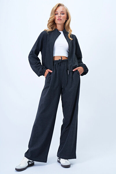 Trend Alaçatı Stili Kadın Antrasit Dik Yaka Örme Fermuarlı Sweat Ceket Ve Pantolon Takım Alc-X14384