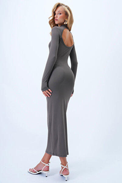 Trend Alaçatı Stili Women's Smoke Gray Stand Collar Backless Maxi Length Sandy Dress Alc-X14385