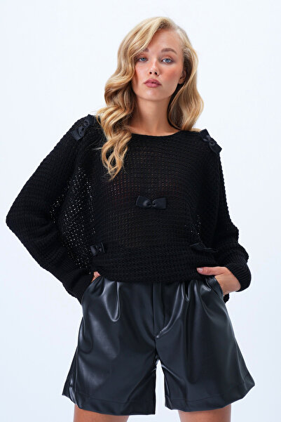 Trend Alaçatı Stili Dámská černá pletená halenka s mašlí a detaily na krku Alc-X14373