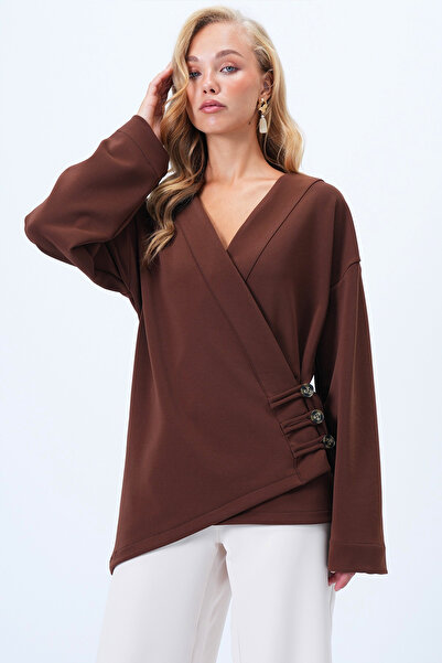 Trend Alaçatı Stili Women's Bitter Brown Double Breasted Collar Asymmetric Cut Button Detailed Kimono Jacket Alc-X14411
