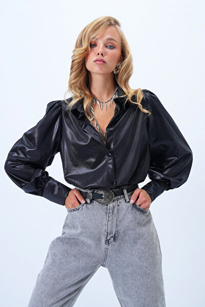 Trend Alaçatı Stili Women's Black Leather Look Princess Sleeve Shirt Alc-X14366