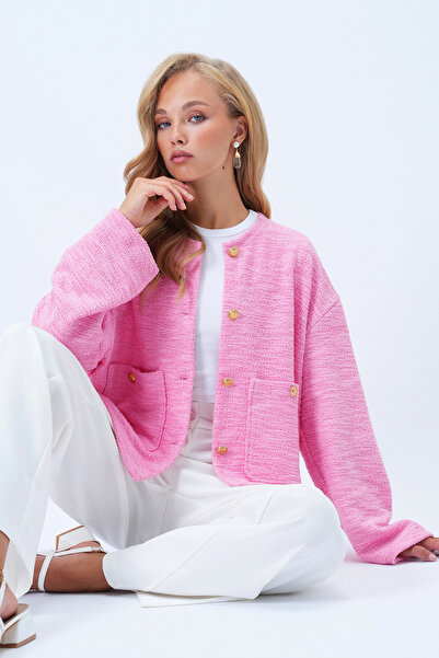 Trend Alaçatı Stili Kadın Pembe Bisiklet Yaka Çift Cepli Dokulu Ceket Alc-X14375