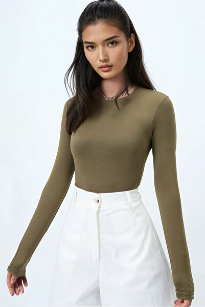 Trend Alaçatı Stili Khakifarbener Damen-Overall mit Rundhalsausschnitt und Druckknopfverschluss an der Unterseite, Bluse Alc-X14388