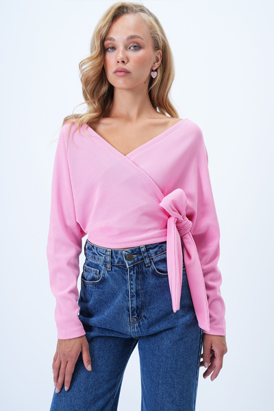 Trend Alaçatı Stili Női rózsaszín elülső hátsó duplasoros gallér fűzős részletes Ottoban Crop blúz Alc-X14346