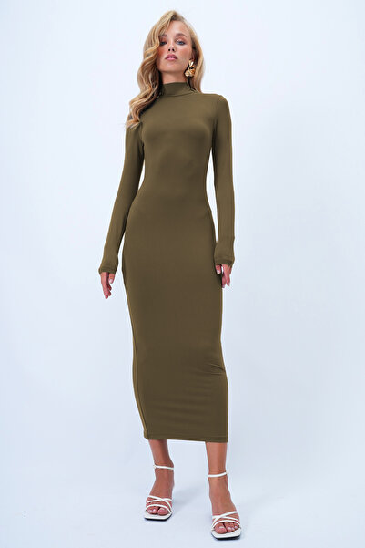 Trend Alaçatı Stili Dámské khaki šaty s vysokým výstřihem a výstřihem na zádech, maxi délka, pískové šaty Alc-X14385