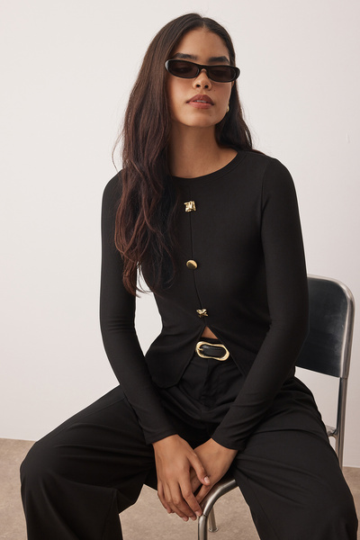Trendyol Collection Black Ottoman Stand Collar Button Long Sleeve Body Fitting Knitted Blouse Twoaw26Bz00191