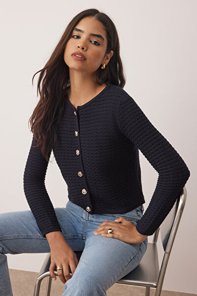 Trendyol Collection Navy Blue Textured Cotton Look Knitwear Cardigan Twoaw26Hi00186