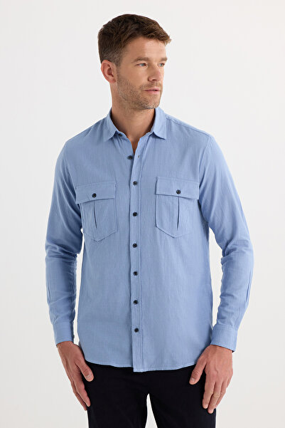 Tudors Cămașă pentru bărbați, cu mânecă lungă, cu două buzunar, bumbac, albastru, cu mânecă lungă