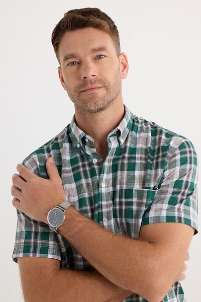 Tudors Men's Regular Fit Classic Cut 100% Cotton Linen Texture Pocket Checked Short Sleeve Buttoned Collar Shirt