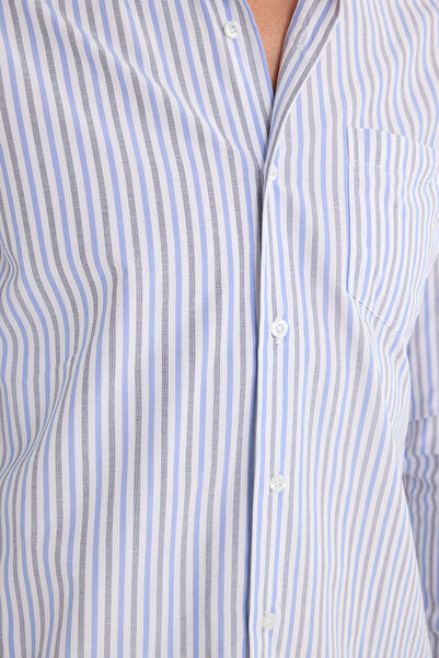 Tudors Erkek Regular Fit Klasik Kesim İnce Çizgili Pamuklu Kravatlık Yaka Gömlek