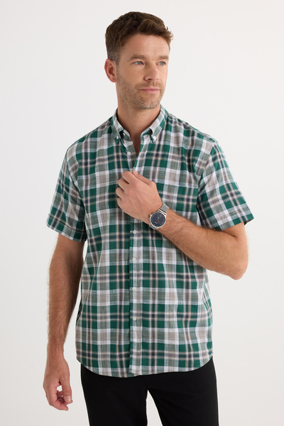 Tudors Men's Regular Fit Classic Cut 100% Cotton Linen Texture Pocket Checked Short Sleeve Buttoned Collar Shirt