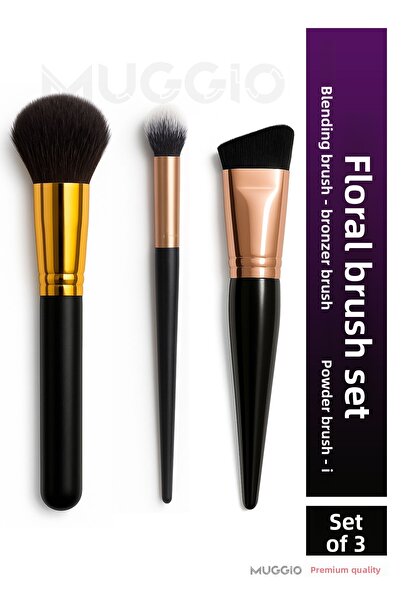 Muggio مجموعة فرش مكياج فلورال بريميوم مكونة من 3 قطع - بودرة - مزج - فرشاة برونزية