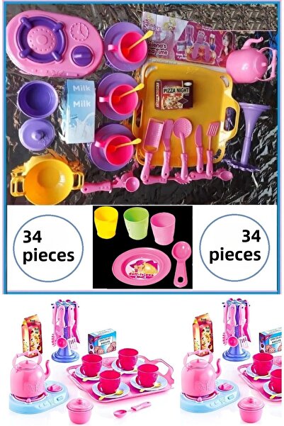 OYUNCAKSAHİLİ Kitchenware with Bag Tea Set 34 Pieces Cup Teapot Tray Household Game Full Set
