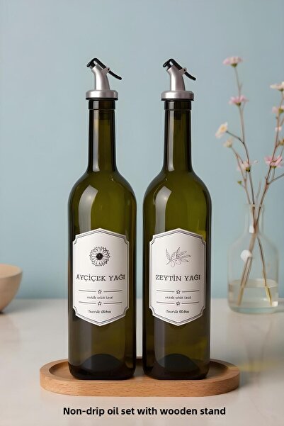 Justyol Set of 2 750 ml Glass Oil Bottles – Amber Olive Oil Bottle with Wooden Stand