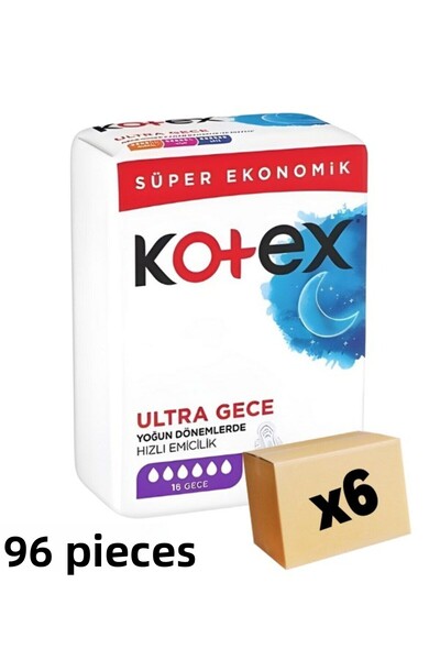 Kotex فوط صحية للغاية - طقم ليلي مكون من 16 قطعة، 6 عبوات، 96 قطعة