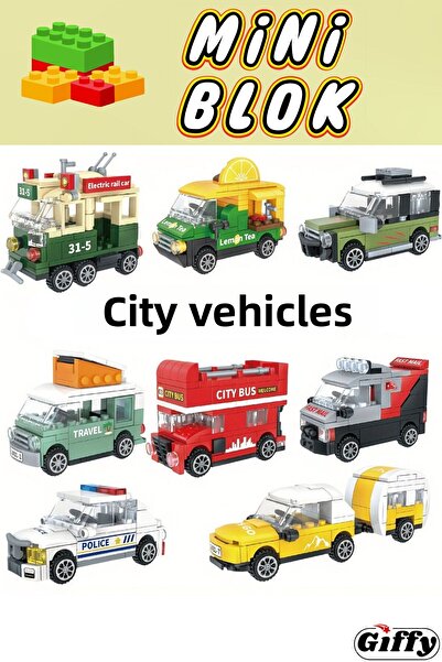 giffy City Vehicles Mini Block Set of 6 Boxed Off-Road Vehicle Police Bus Drink Truck Caravan Package Vehicle