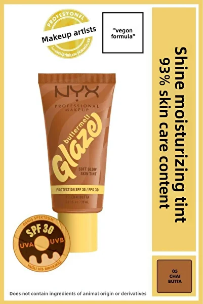 NYX Professional Makeup Buttermelt Glaze Soft Glow Skin Tint + SPF/FPS 30,12h Wear, Chai Butta