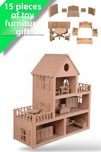 Buradadavar Hobi Ahşap لعبة بيت الدمية الخشبية القابلة للطلاء (15 قطعة أثاث ه...