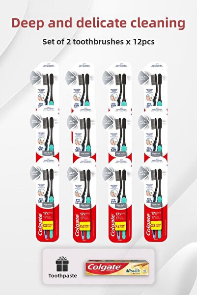 Colgate Slim Soft Charcoal 2-Pack Toothbrush x 12 Pieces and Toothpaste with Miswak Extract