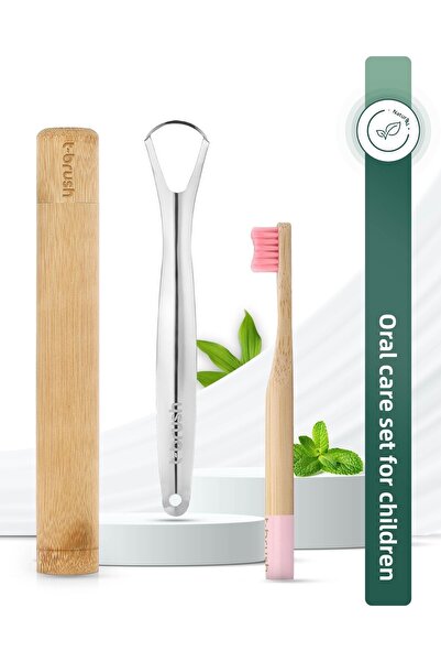 TBRUSH فرشاة أسنان من الخيزران الوردي - ناعمة (ناعمة) + منظف اللسان من الفولاذ المقاوم للصدأ + كوب فرشاة الأسنان