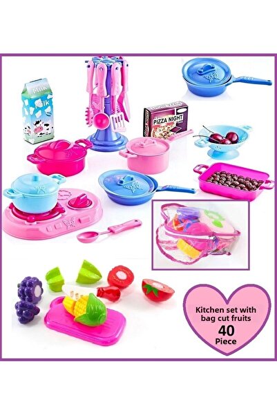 OYUNCAKSAHİLİ Kitchen with Bag Dollhouse Toy Cut Fruit Vegetables 40 Pieces Cookware Pan Scoop Fork Knife Fork
