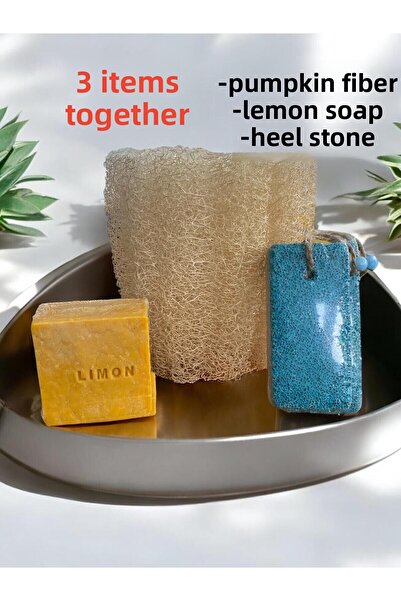 ASLANCAN مجموعة من 3 قطع من ألياف اليقطين الطبيعية، صابون الليمون الطبيعي، حجر كعب الخفاف