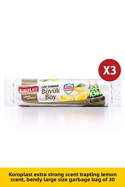 Koroplast كيس قمامة كبير برباط ليموني - 10 قطع × 3 قطع من سدادات الرائحة