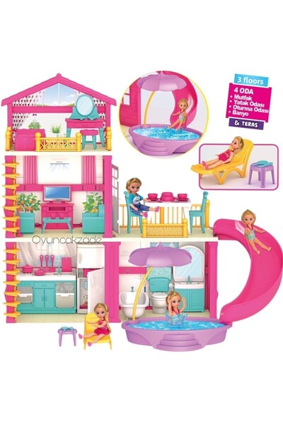 OyuncakZade لعبة منزل مصغر مكون من 3 طوابق و4 غرف ومنزل عطلات وشرفة ومسرح مع ...