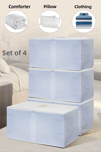Serstil 4 части - Голяма синя раирана чанта за съхранение - 74 x 46 x 46 см