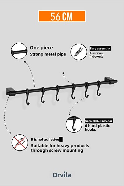 Orvila Черна метална закачалка за кухня и баня 6 куки Закачалка Ютия 56 см прът