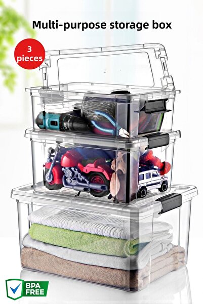 Nandy Home Set of 3 Multi-Purpose Transparent Storage Box with Lock Cover