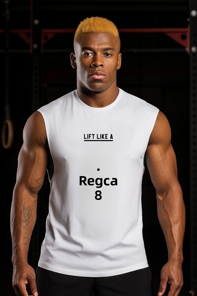 BESSA White Printed Sports Tank Top Crew Neck Cotton Sleeveless Tank Top Lift Like