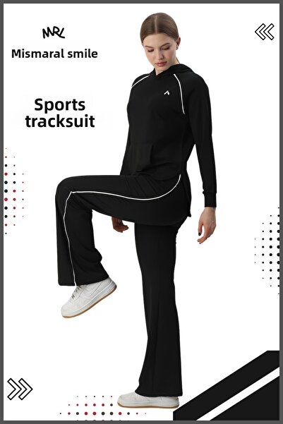 missmaral Γυναικεία αθλητική αθλητική φόρμα - Ισπανικό πόδι, διπλή τσέπη, κουκούλα, τσέπη καγκουρό, μαύρο BYZ 3053