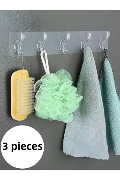 Mercan 5-Piece Self Adhesive Strong Transparent Hanger - Door Back Kitchen Wall Bathroom Hanger 3-Piece