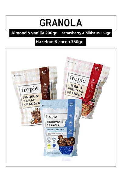 FROPİE Fropie Probiotic Almond & Vanilla - Strawberry & Hibiscus - Hazelnut & Cocoa Granola Set of 3