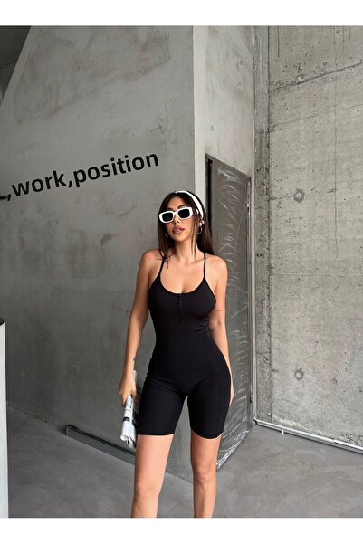 KİM Kİ O Kim Ki O Dámská černá kombinéza se zipem z látky Back Cross Shorts