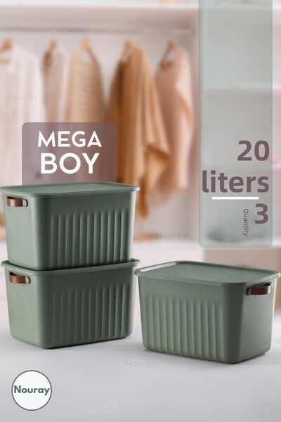 nouray مجموعة من 3 صناديق تنظيم متعددة الأغراض بسعة 20 لترًا بغطاء، منظم كاكي