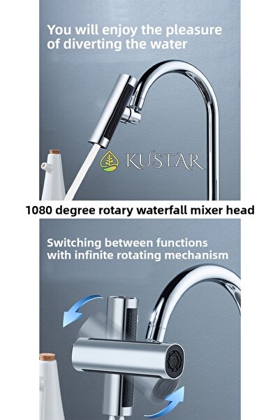 KUSTAR Smoked 4 Mode Waterfall Adjustable Faucet Head - Kitchen Sink Sink Faucet