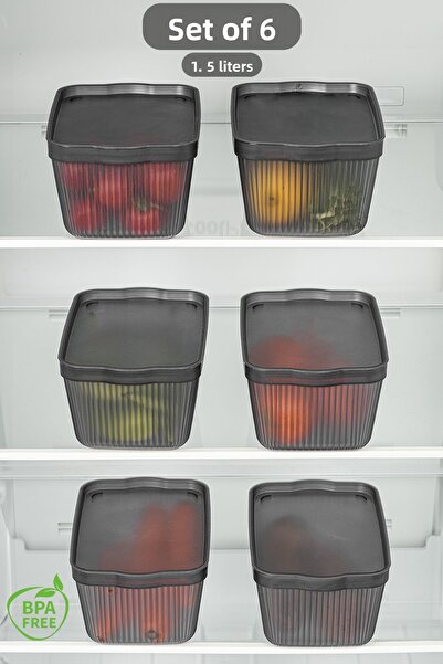 Meleni Home Set de 6 Perry afumat de 1,5 litri - Cutie de organizare a alimentelor pentru congelator și frigider cu capac