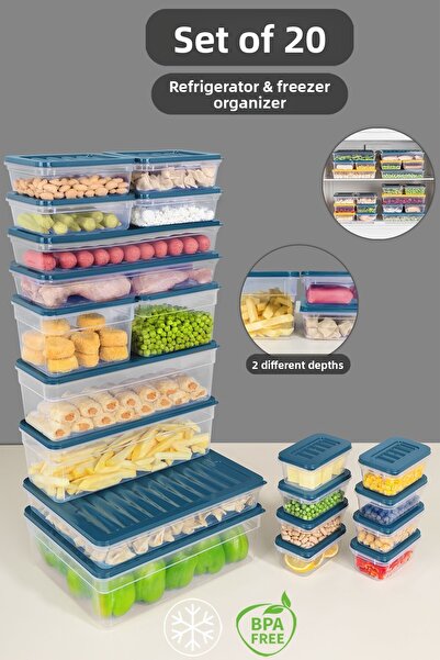 Meleni Home Set de 20 organizatoare pentru frigider Recipient de depozitare pentru cuptorul cu microunde adânc și superficial, albastru
