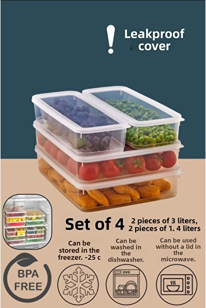 Carat Home مجموعة من 4 حاويات تخزين طازجة مانعة للتسرب 2 قطعة 3000 مل 2 قطعة 1400 مل - شفاف - منظم للثلاجة