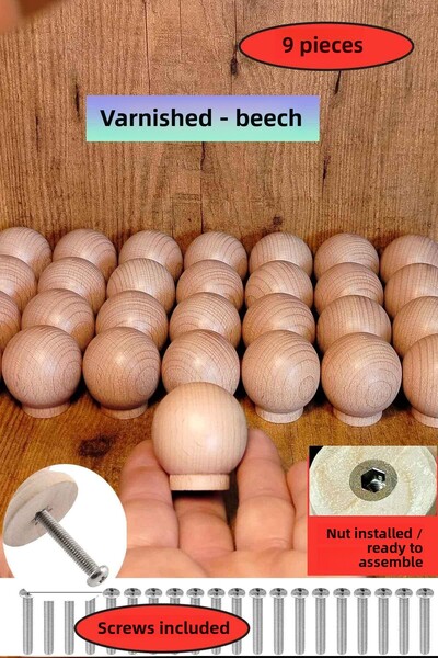 deepowls 9Pcs Polished Wood Ball Handle 37mm in Diameter Natural Drawer Cabinet Furniture Handle Knob