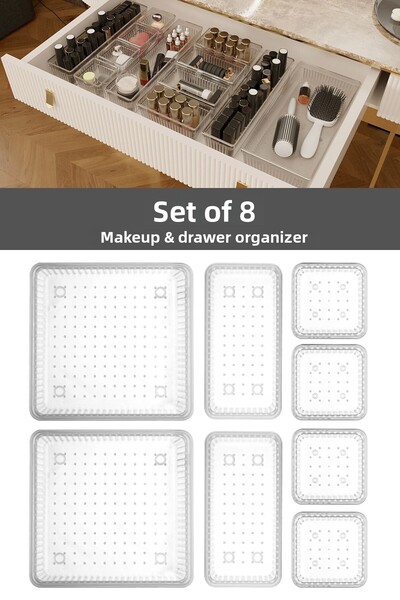 Meleni Home 8-piece Transparent Organizer - Cosmetic Jewelry and Makeup Organizer, Cut Inside the Cabinet
