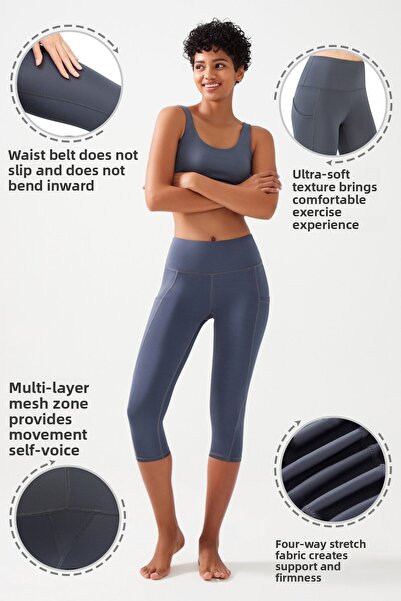 Los Ojos Dámské antracitové capri legíny Capri s vysokým pasem s dvojitou kapsou pod kolena