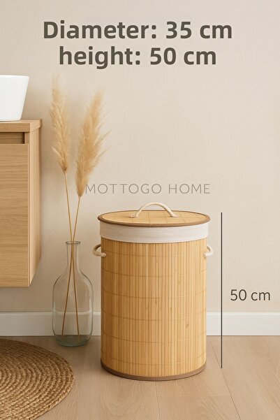 Mottogo Natural Bamboo Laundry Basket with Lid – 35X50 cm