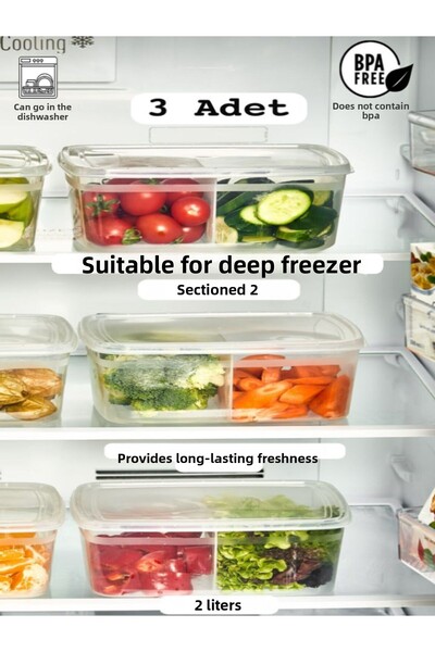 Bayev 3 Pieces Duo Transparent 2 LT Refrigerator Storage Container 2 Compartments - Suitable for Deep Freezer