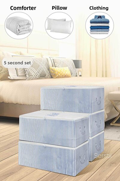 Serstil 5 Τεμάχια - Μίνι Μέγεθος Εκτύπωση Λεπτομερής Μπλε Ριγέ Τσάντα 30 Χ 22 Χ 18 εκ.