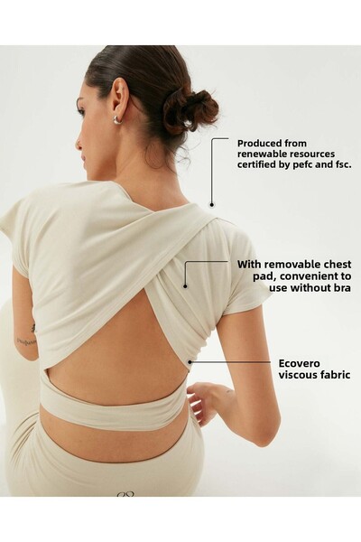 Ayma Active Cream Back Low-cut Drape Detailed Crop Short Sleeve Blouse