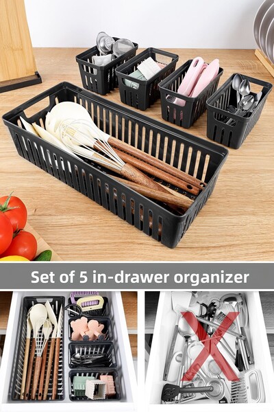 Meleni Home 5 Piece Modular Drawer Organizer Set - Bathroom Kitchen Makeup Accessory Office Organizer Black