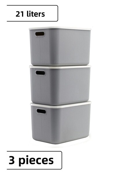 Bayev 3 Pieces 21 Lt Multi-Purpose Gray Storage Box Storage Organizer with Lid Laundry Vb Basket